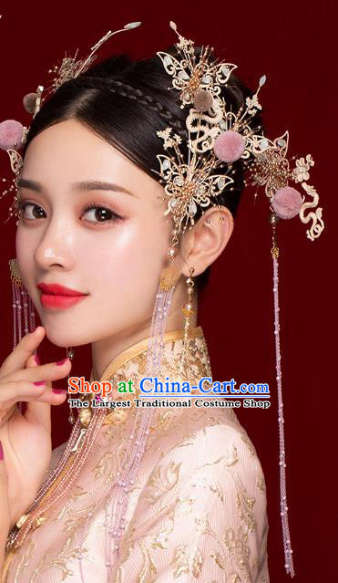 Chinese Traditional Wedding Purple Tassel Dragon Hairpins Ancient Bride Hair Accessories for Women