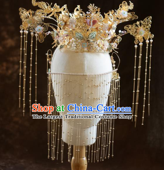 Chinese Ancient Bride Headdress Golden Butterfly Hairpins Phoenix Coronet Traditional Wedding Hair Accessories for Women