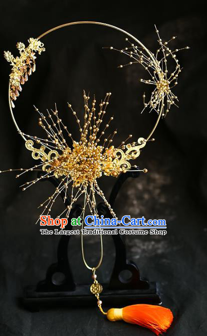 Chinese Traditional Bride Golden Beads Palace Fans Handmade Classical Hanfu Wedding Fan for Women