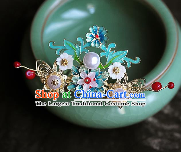 Chinese Ancient Hanfu Blue Flowers Hair Comb Traditional Bride Hair Accessories for Women