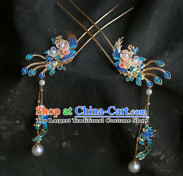 Chinese Ancient Hanfu Blue Phoenix Tassel Hairpins Traditional Bride Hair Accessories for Women