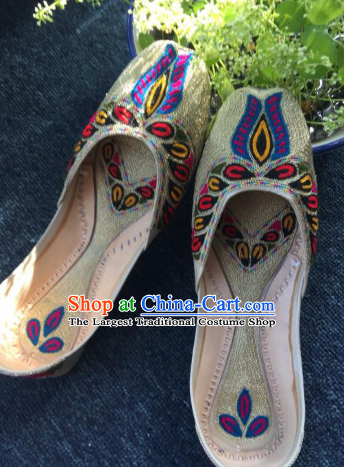 Asian India Traditional Embroidered Light Golden Leather Shoes Indian Handmade Shoes for Women