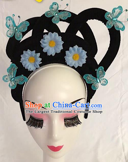 Traditional Chinese Opera Lady Wig Sheath and Blue Flower Hairpins Headdress Peking Opera Diva Hair Accessories for Women