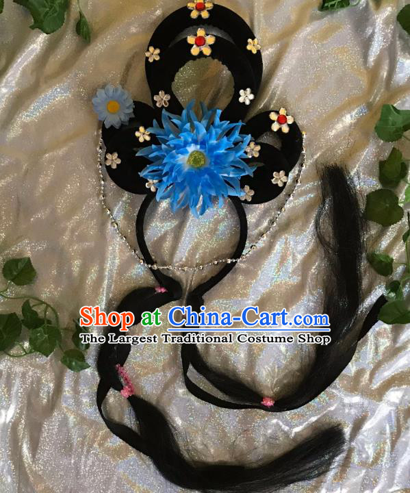 Traditional Chinese Opera Goddess Wig Sheath and Blue Peony Hairpins Headdress Peking Opera Diva Hair Accessories for Women