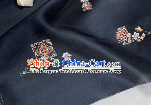 Chinese Traditional Classical Embroidered Pattern Design Navy Silk Fabric Asian Hanfu Material