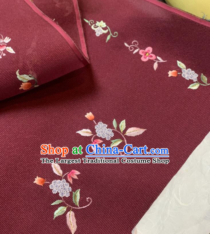 Chinese Classical Embroidered Flowers Pattern Design Wine Red Silk Fabric Asian Traditional Hanfu Material