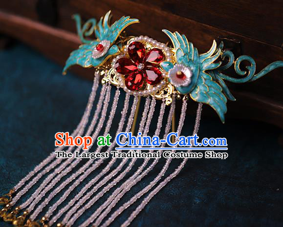 Traditional Chinese Handmade Red Crystal Crane Tassel Hairpin Headdress Ancient Hanfu Hair Accessories for Women