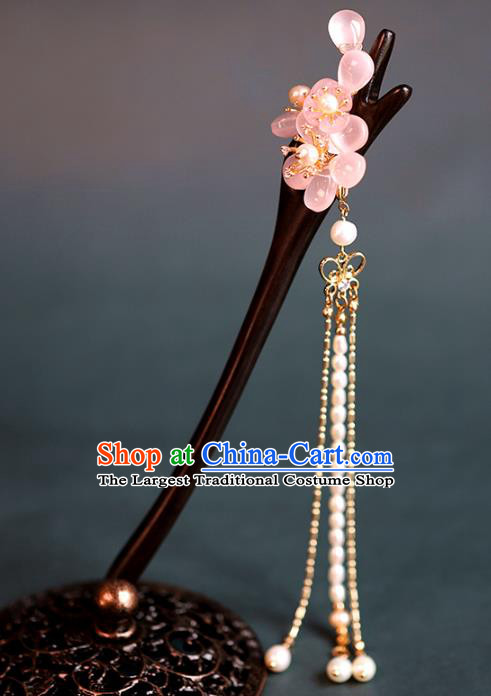 Traditional Chinese Handmade Ebony Pink Sakura Hairpins Headdress Ancient Hanfu Hair Accessories for Women