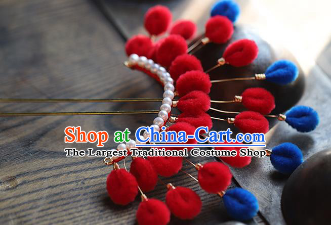 Traditional Chinese Handmade Red Velvet Hairpins Headdress Ancient Hanfu Hair Accessories for Women