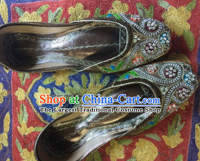 Asian India Traditional Embroidered Argent Crystal Shoes Indian Handmade Shoes for Women