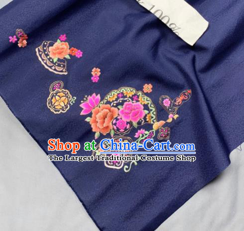 Chinese Classical Embroidered Peony Pattern Design Deep Blue Silk Fabric Asian Traditional Hanfu Brocade Material