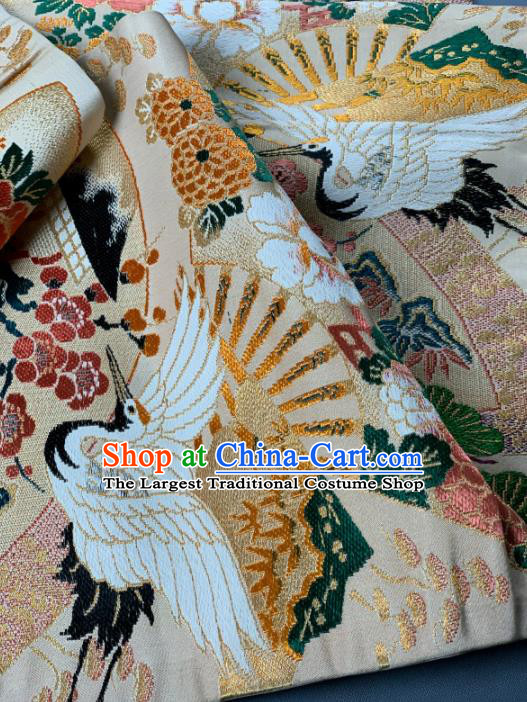 Asian Japanese Traditional Crane Plum Pattern Design Beige Brocade Fabric Silk Fabric Tapestry Satin