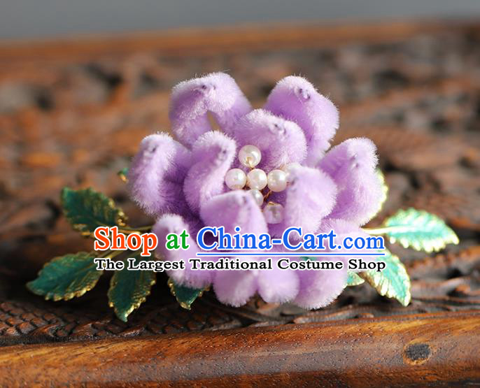 Traditional Chinese Handmade Lilac Velvet Chrysanthemum Hair Comb Headdress Ancient Hanfu Hair Accessories for Women