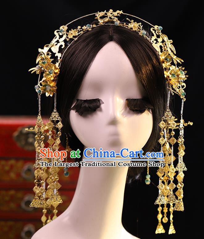 Traditional Chinese Wedding Brass Phoenix Coronet Hairpins Headdress Ancient Bride Hair Accessories for Women