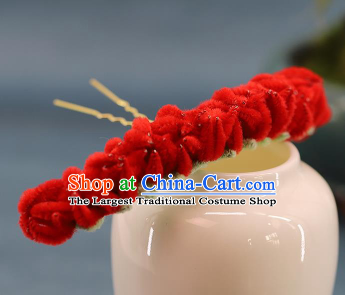 Traditional Chinese Handmade Red Velvet Flowers Hairpin Headdress Ancient Hanfu Hair Accessories for Women