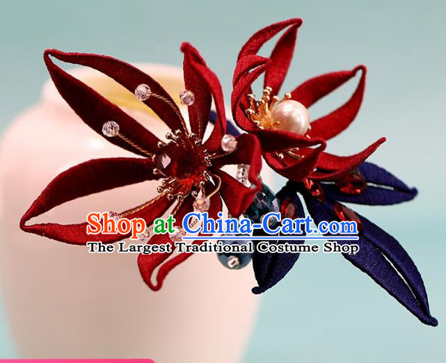 Traditional Chinese Handmade Red Flowers Hairpin Headdress Ancient Hanfu Hair Accessories for Women