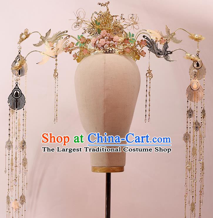 Traditional Chinese Wedding Golden Phoenix Coronet Hairpins Headdress Ancient Queen Hair Accessories for Women