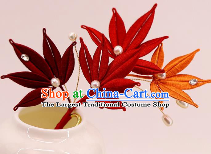 Traditional Chinese Handmade Red Maple Leaf Hairpin Headdress Ancient Hanfu Hair Accessories for Women