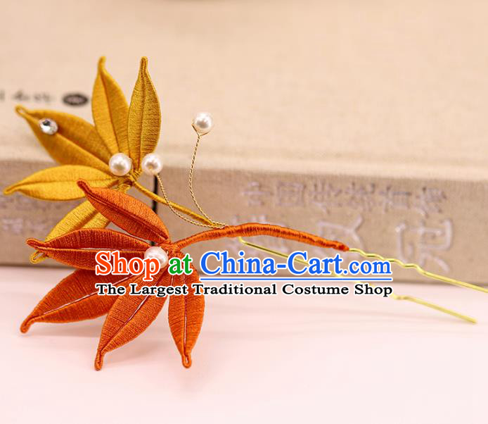 Traditional Chinese Handmade Maple Leaf Hairpin Headdress Ancient Hanfu Hair Accessories for Women