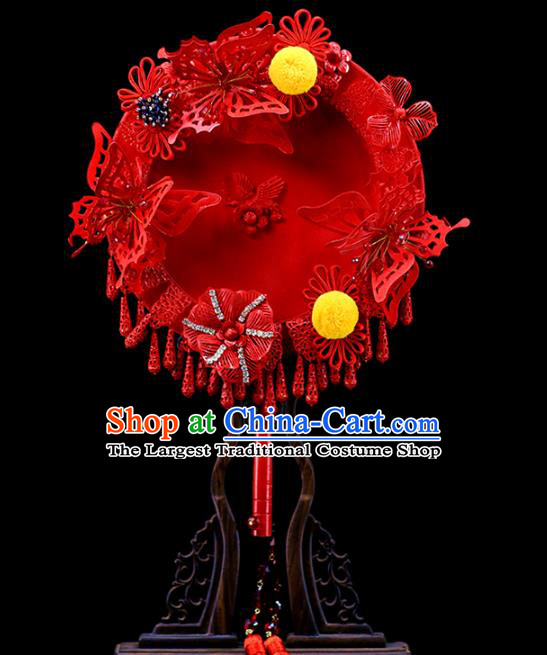 Traditional Chinese Handmade Red Butterfly Round Fans Ancient Hanfu Wedding Palace Fan for Women