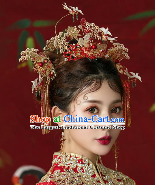 Traditional Chinese Wedding Cloisonne Red Hair Crown Tassel Hairpins Headdress Ancient Bride Hair Accessories for Women