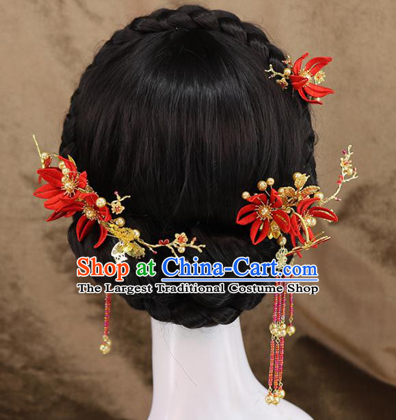 Traditional Chinese Wedding Red Flowers Hair Combs Tassel Hairpins Headdress Ancient Bride Hair Accessories for Women