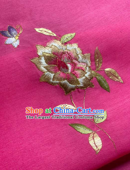 Asian Chinese Traditional Embroidered Flowers Pattern Design Rosy Silk Fabric Hanfu Material