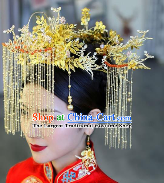 Traditional Chinese Golden Phoenix Coronet Tassel Hairpins Headdress Ancient Bride Hair Accessories for Women