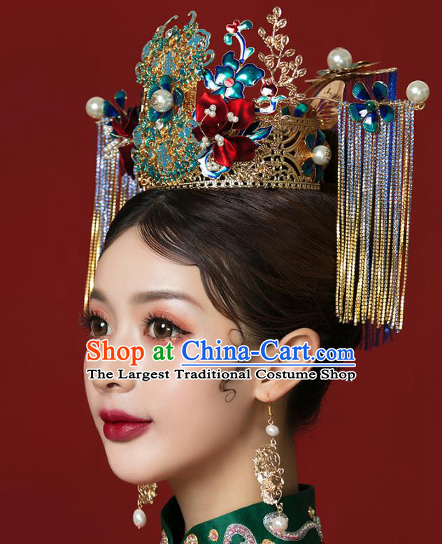 Traditional Chinese Wedding Cloisonne Phoenix Coronet Hairpins Headdress Ancient Bride Hair Accessories for Women