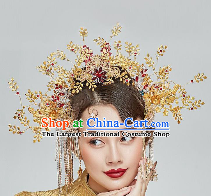 Traditional Chinese Wedding Golden Hair Crown Tassel Hairpins Headdress Ancient Bride Hair Accessories for Women