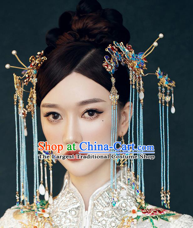 Traditional Chinese Wedding Cloisonne Tassel Hairpins Headdress Ancient Bride Hair Accessories for Women