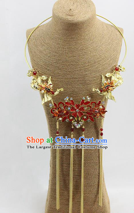 Traditional Chinese Wedding Golden Phoenix Necklace Ancient Bride Handmade Necklet Accessories for Women