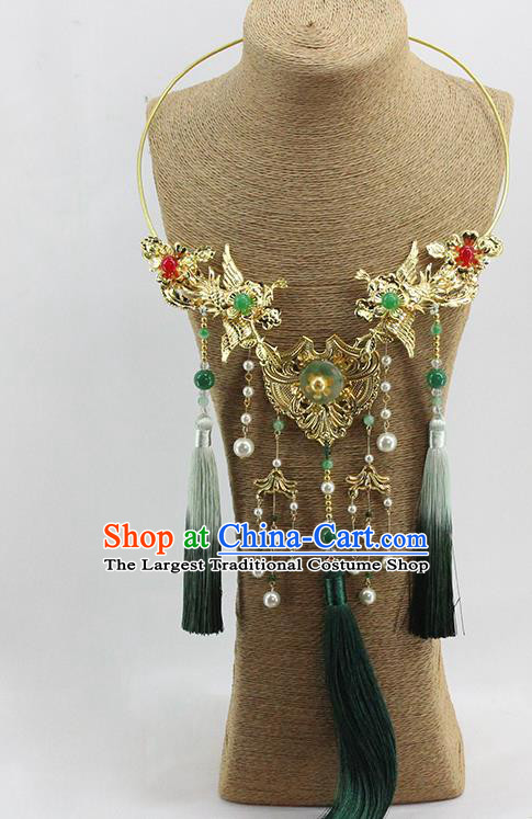 Traditional Chinese Wedding Green Tassel Necklace Ancient Bride Handmade Golden Phoenix Necklet Accessories for Women