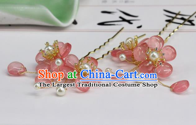 Traditional Chinese Handmade Pink Plum Flowers Hairpin Headdress Ancient Hanfu Hair Accessories for Women