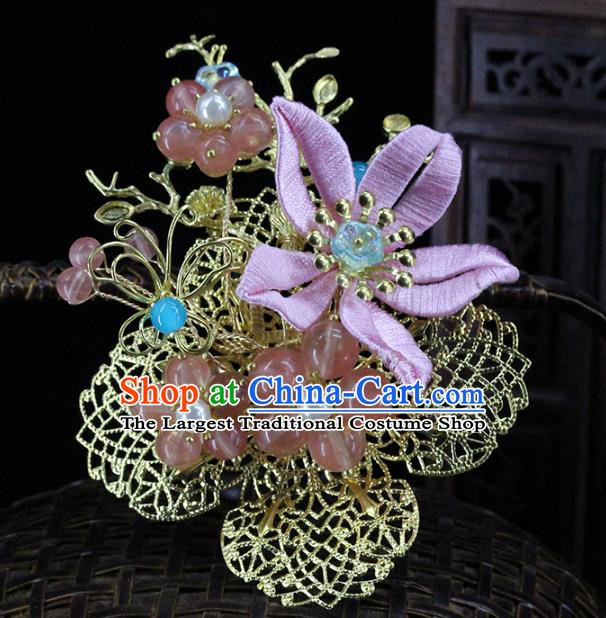 Traditional Chinese Handmade Pink Flower Brass Hairpin Headdress Ancient Hanfu Hair Accessories for Women