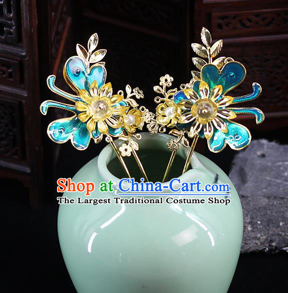 Traditional Chinese Handmade Blue Butterfly Hairpins Headdress Ancient Hanfu Hair Accessories for Women