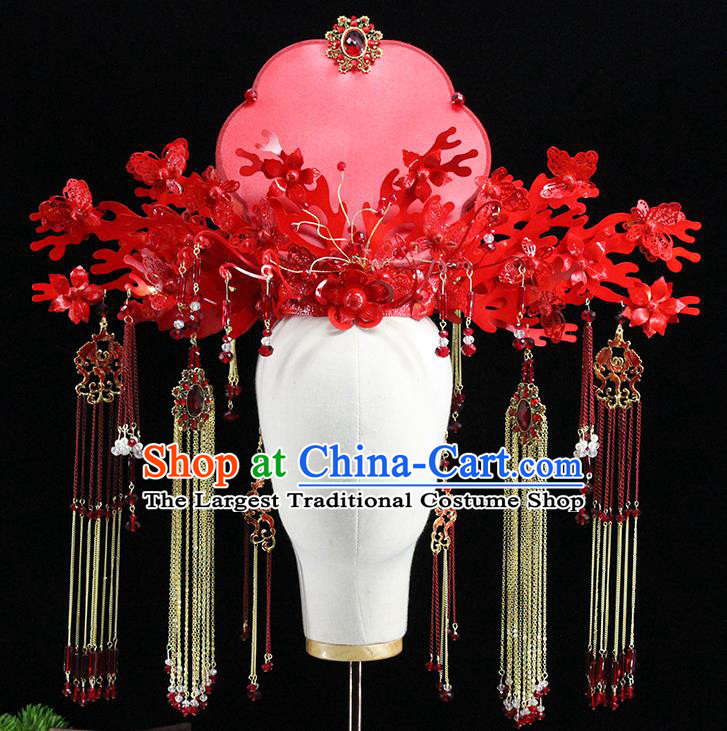 Traditional Chinese Wedding Red Phoenix Coronet Tassel Hairpins Headdress Ancient Bride Hair Accessories for Women