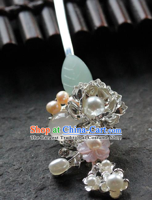 Traditional Chinese Handmade Chalcedony Hairpin Headdress Ancient Hanfu Hair Accessories for Women