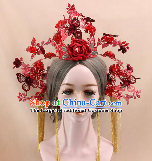 Traditional Chinese Red Rose Phoenix Coronet Hairpins Headdress Ancient Wedding Hair Accessories for Women