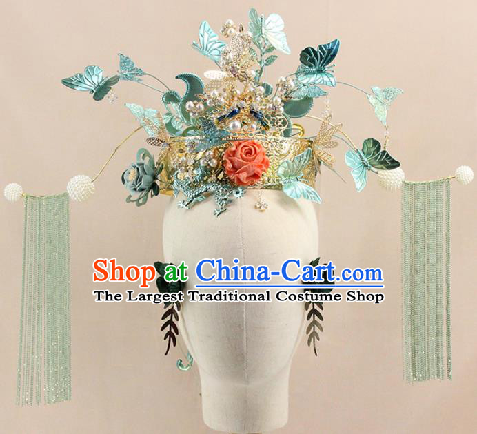 Traditional Chinese Blue Butterfly Phoenix Coronet Hairpins Headdress Ancient Wedding Hair Accessories for Women