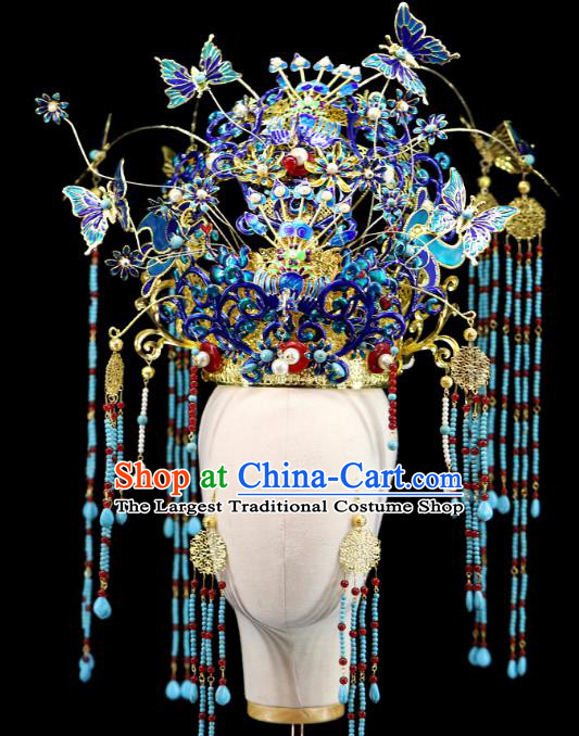 Traditional Chinese Cloisonne Butterfly Phoenix Coronet Hairpins Headdress Ancient Wedding Hair Accessories for Women