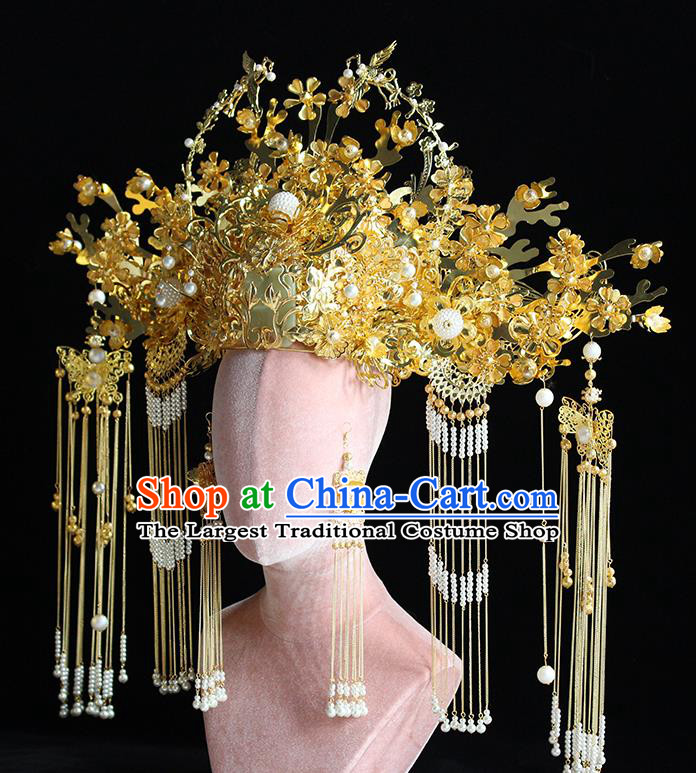 Traditional Chinese Deluxe Golden Phoenix Coronet Hairpins Headdress Ancient Wedding Hair Accessories for Women