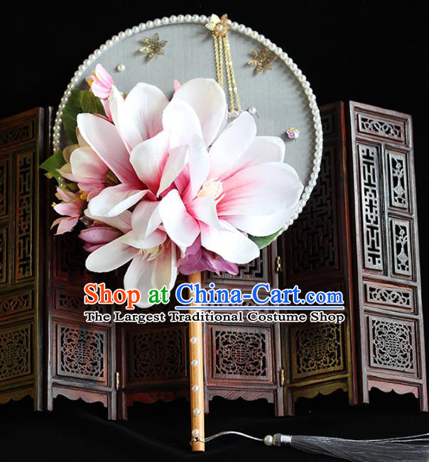 Traditional Chinese Pink Magnolia Round Fans Ancient Hanfu Wedding Palace Fan for Women