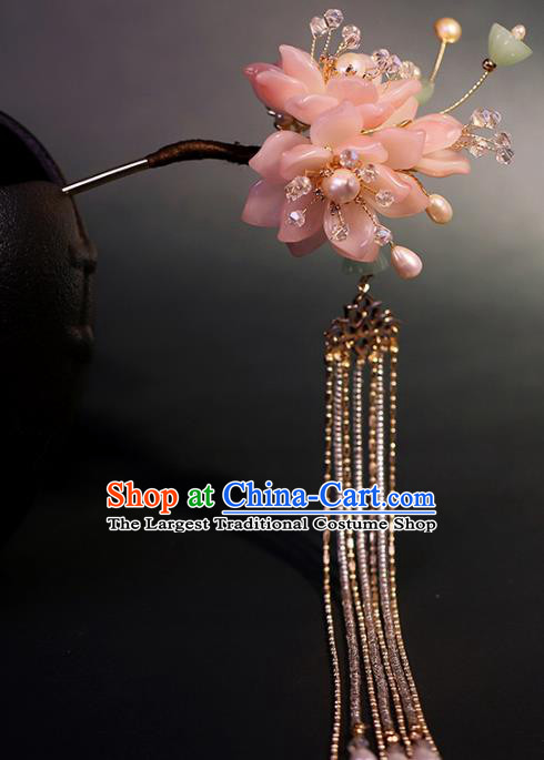 Traditional Chinese Handmade Pink Lotus Tassel Hairpin Headdress Ancient Hanfu Hair Accessories for Women