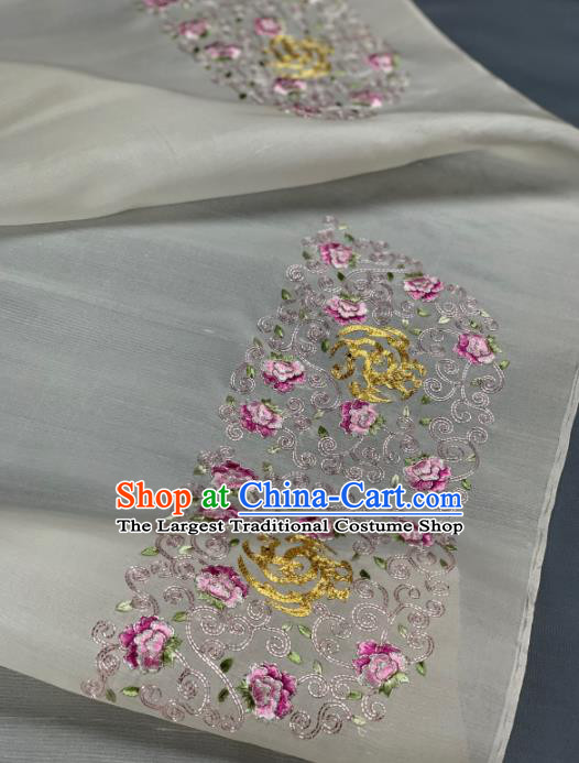 Asian Chinese Traditional Embroidered Peony Pattern Design White Silk Fabric Hanfu Material