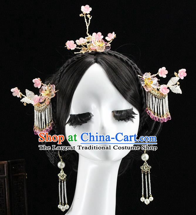 Traditional Chinese Wedding Pink Plum Hair Crown Hairpin Headdress Ancient Queen Hair Accessories for Women