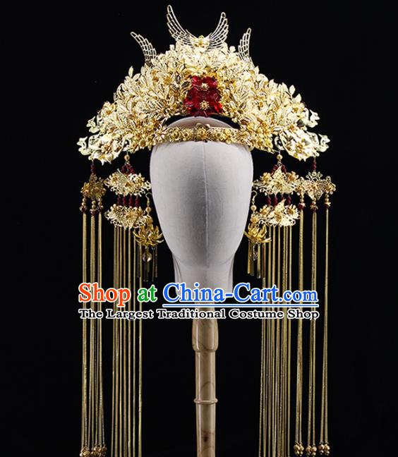 Traditional Chinese Bride Golden Leaf Phoenix Coronet Headdress Ancient Wedding Hair Accessories for Women