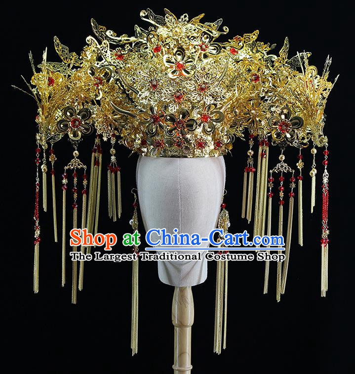 Traditional Chinese Bride Golden Luxury Phoenix Coronet Headdress Ancient Wedding Hair Accessories for Women