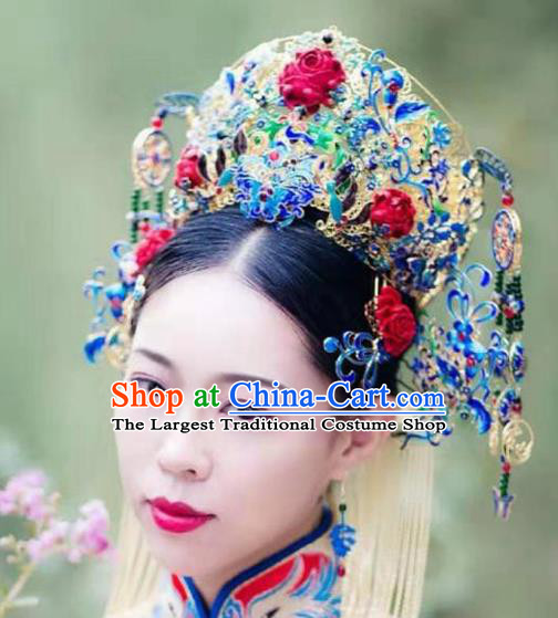 Traditional Chinese Bride Cloisonne Butterfly Phoenix Coronet Headdress Ancient Wedding Hair Accessories for Women