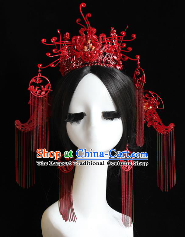 Traditional Chinese Bride Red Tassel Phoenix Coronet Headdress Ancient Wedding Hair Accessories for Women